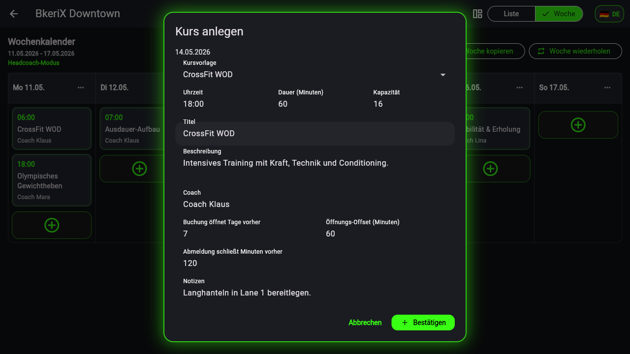 BkeriX Kurs anlegen Dialog